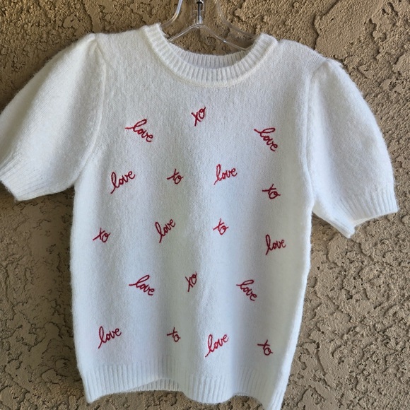 Cynthia Rowley Sweaters - Cynthia Rowley Love Script Sweater White & Red Embroidered Puff Sleeve NWT XS